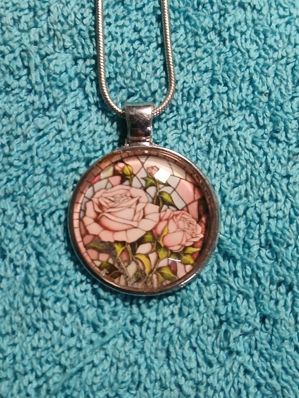 Pink Rose Stained-Glass Pendant Necklace - Women Jewelry - Silver Snake Chain